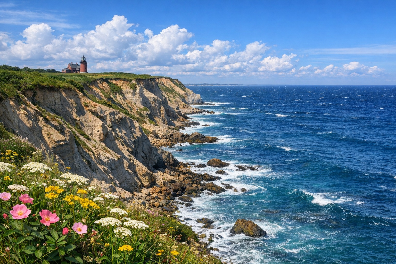 Block Island Rhode Island scenic Mohegan Bluffs cliffs overlooking the Atlantic Ocean with wildflowers