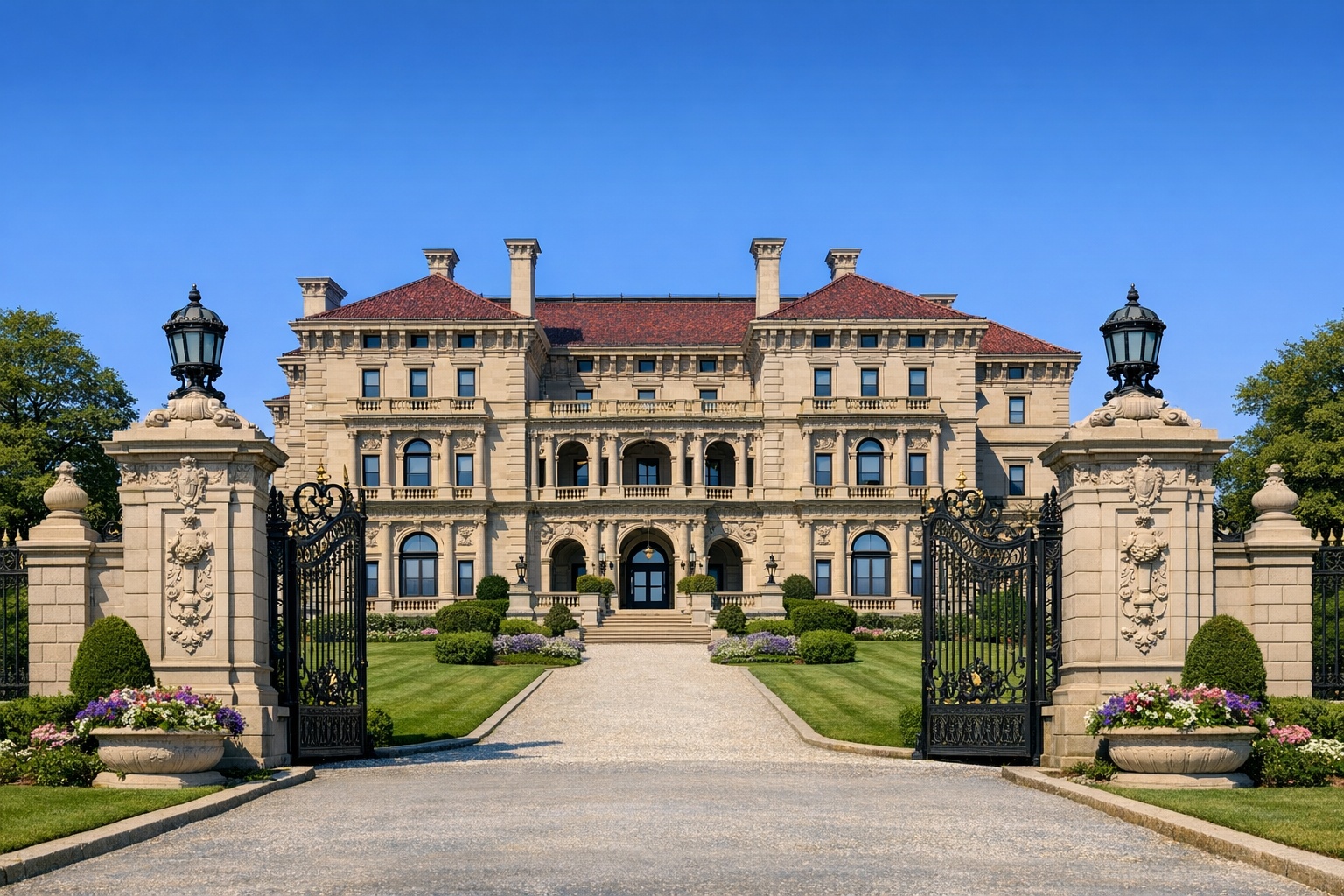 The Breakers Gilded Age mansion Newport Rhode Island with grand stone facade and manicured gardens