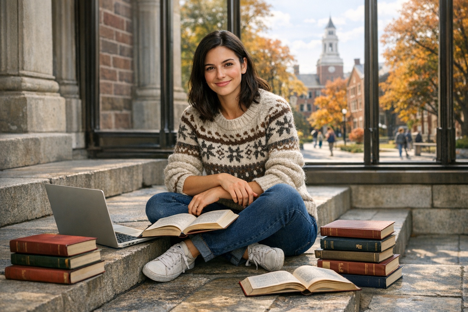 Young woman with dark hair studying on university steps with autumn campus background